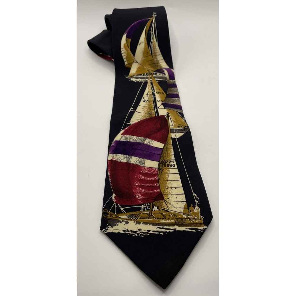 Xandrini Vintage 1990's Black Silk Tie Sailboats Schooners 4" Wide Nautical